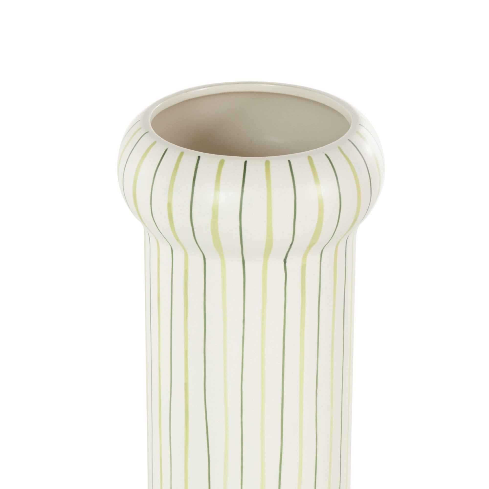 12" White & Green Linear Patterns Round Decorative Ceramic Vase